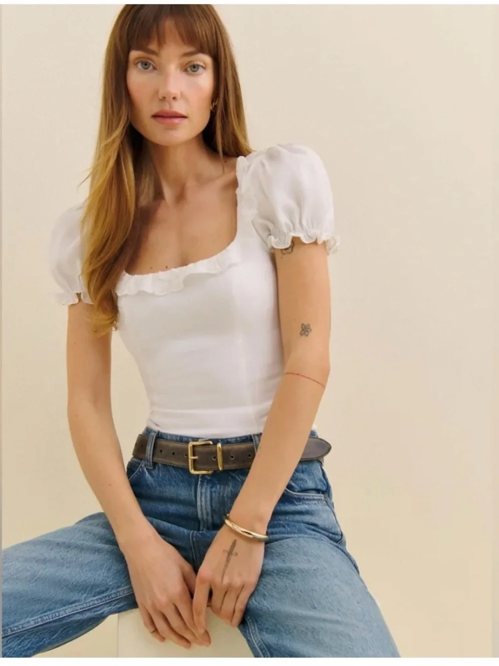 Reformation Alice Embroidered-Linen Top White Puff-Sleeve Square Neck Sz 4 women